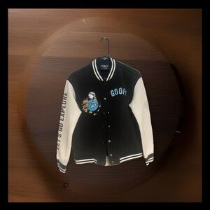 Disney Black and White Goofy Space Patch Varsity Jacket